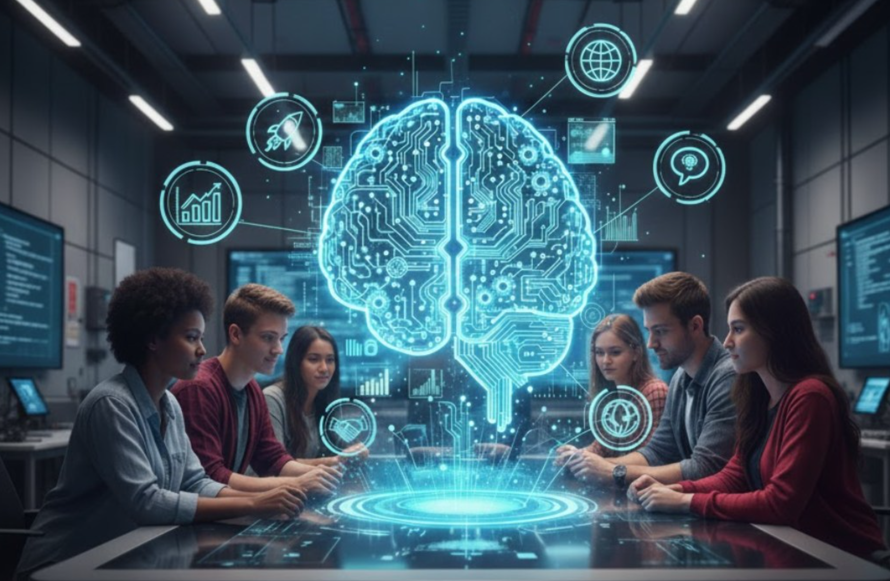 Students gathered around a holographic AI brain interface in a modern learning lab